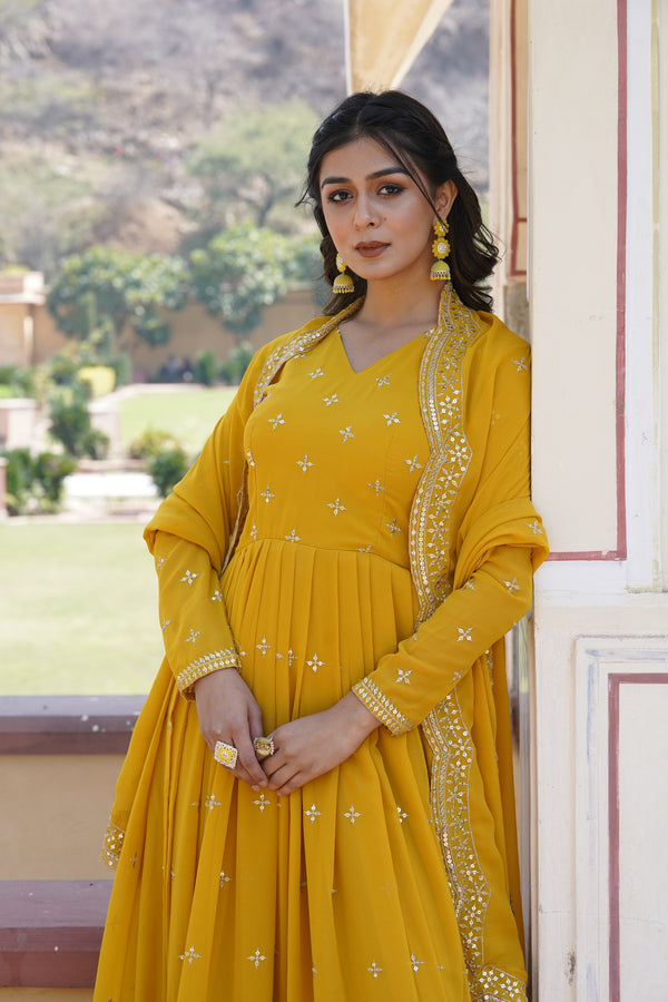 Yellow-Gown Faux Georgette with Zari & Sequins Embroidery.