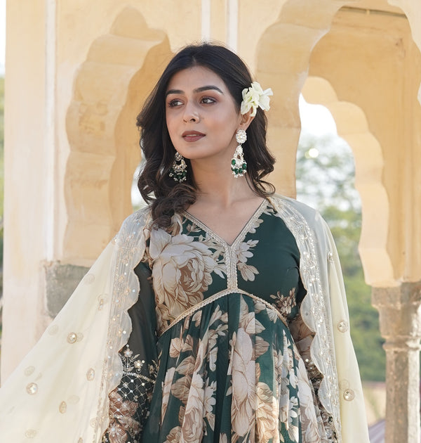 Green Gown Digital printed Russian silk With  Embroidery Zari Sequins-work