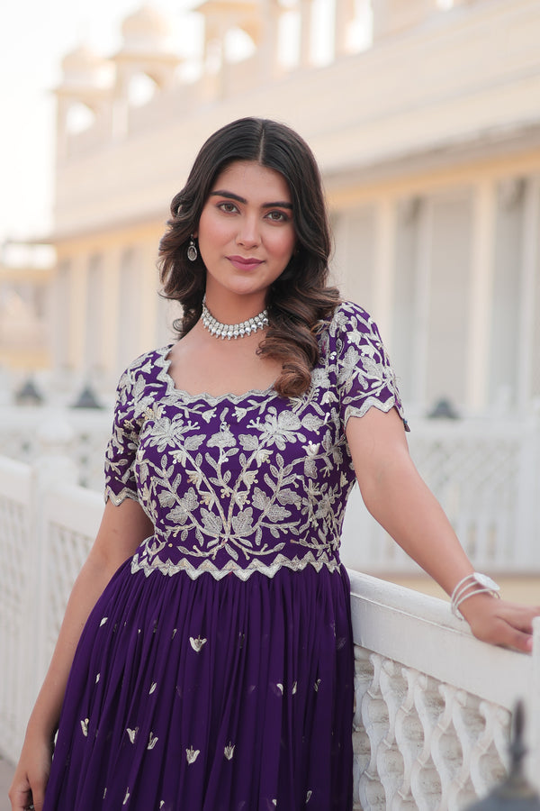 Purple Gown Faux Blooming With coding Sequins Embroidered work