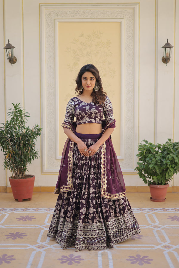 "Elegant Wine Designer Lehenga Choli & Dupatta Set Timeless Style"