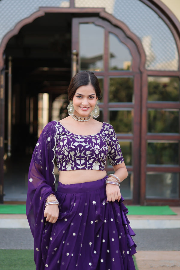 Elegant Designer Faux Blooming Lehenga Choli Set with Dupatta  PURPLE