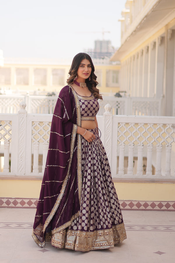 Elegance Redefined Wine: Designer Pure Viscose Jacquard Lehenga Choli Set with Sequins Embroidered Work