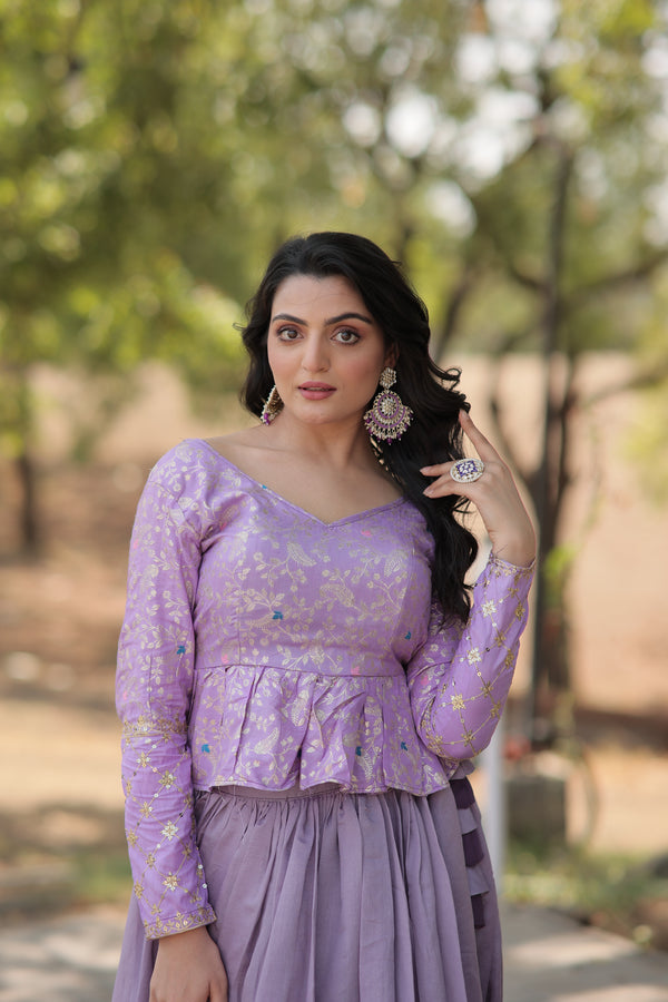 Explore This Trending Fashionable Co-ord  Set with Lavender Pure Viscose Dayble Flower Design & Sequins Embroidered work Blouse and Plain Lehenga Which looks Amazing for Any Functions.