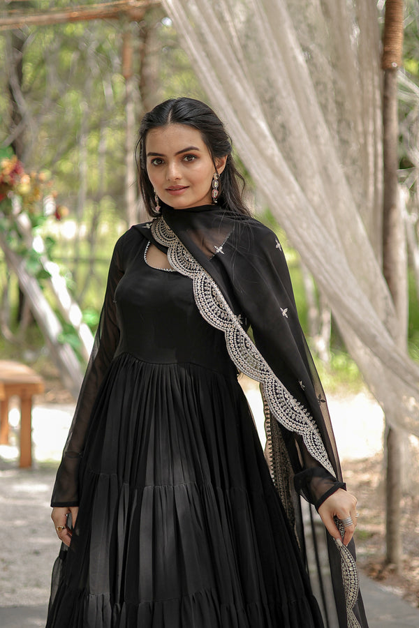 Black-Desirable Women's gown Made With Faux Blooming Fabrics and Designer Embroidered Dupatta