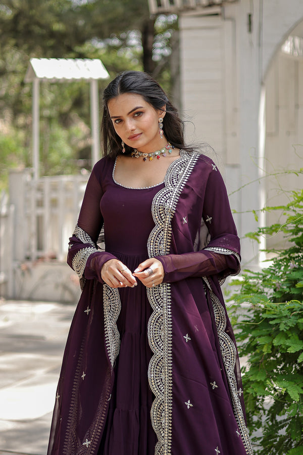 Wine-Desirable Women's gown Made With Faux Blooming Fabrics and Designer Embroidered Dupatta