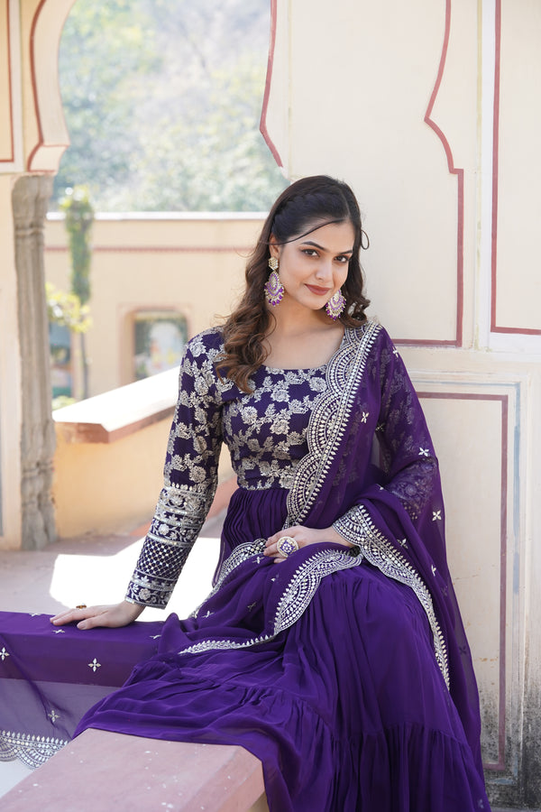 Purplr Faux Blooming gown with Viscose Dyable Jacquard With Sequins Embroidered Work Faux Blooming Dupatta, it will enhance can combine the best parts of western and Indian wear into one stunning ensemble.