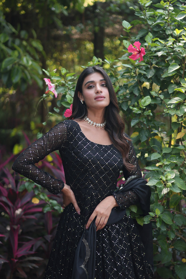 Black Faux Georgette gown with Sequins-Multi Viscose thread Embroidered Work, It looks graceful for women, it Designed to flatter all body types, gowns for women combine the best parts of western and Indian wear into one stunning ensemble.