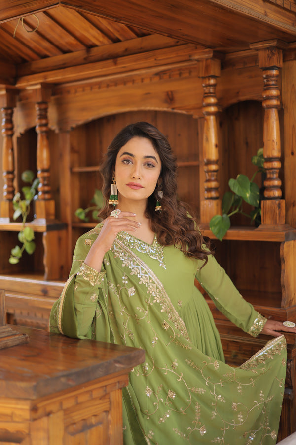 Parrot-green Unique Coloured Faux Georgette with Embroidered work