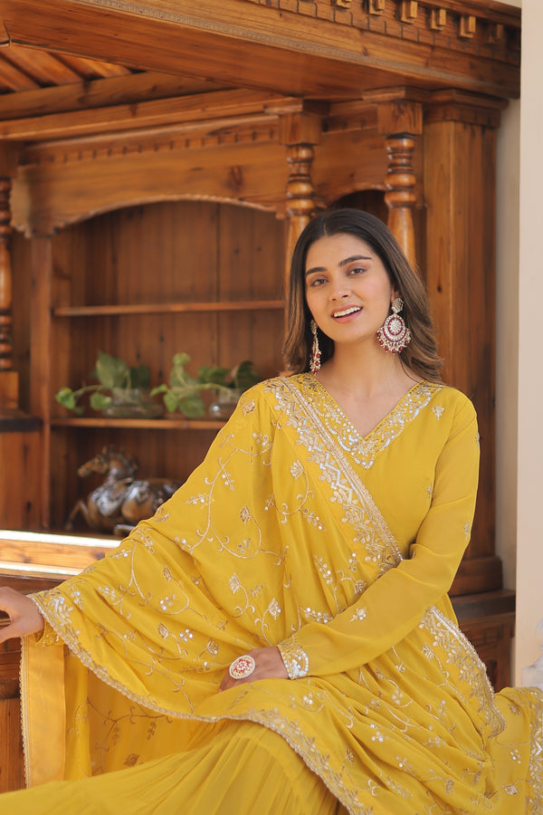 Yellow Unique Coloured Faux Georgette with Embroidered work