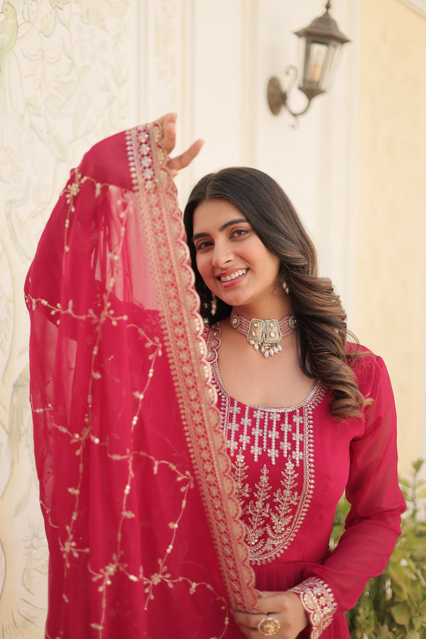 Pink-Faux Blooming Gown with Rich Sequins Embroidered work