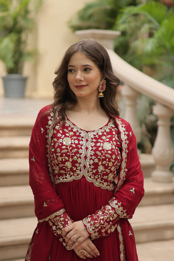 Maroon-Faux Blooming gown with Sequins-Multi Embroidered Work, It looks graceful for women, it Designed to flatter all body types, gowns for women combine the best parts of western and Indian wear into one stunning ensemble.