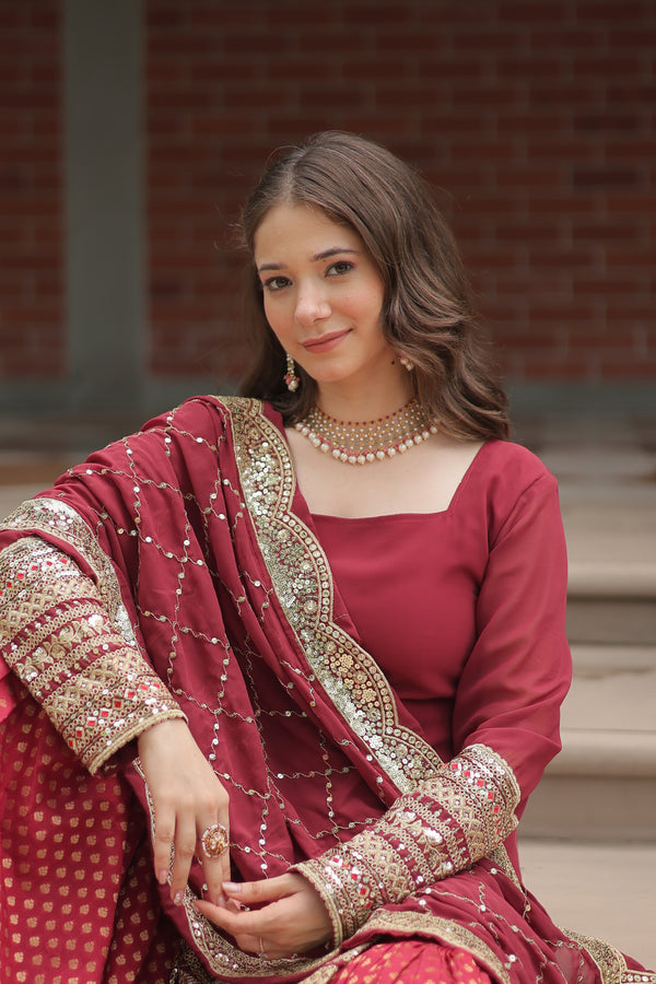 Maroon-Faux Georgette With  Sequins & thread Embroidered work