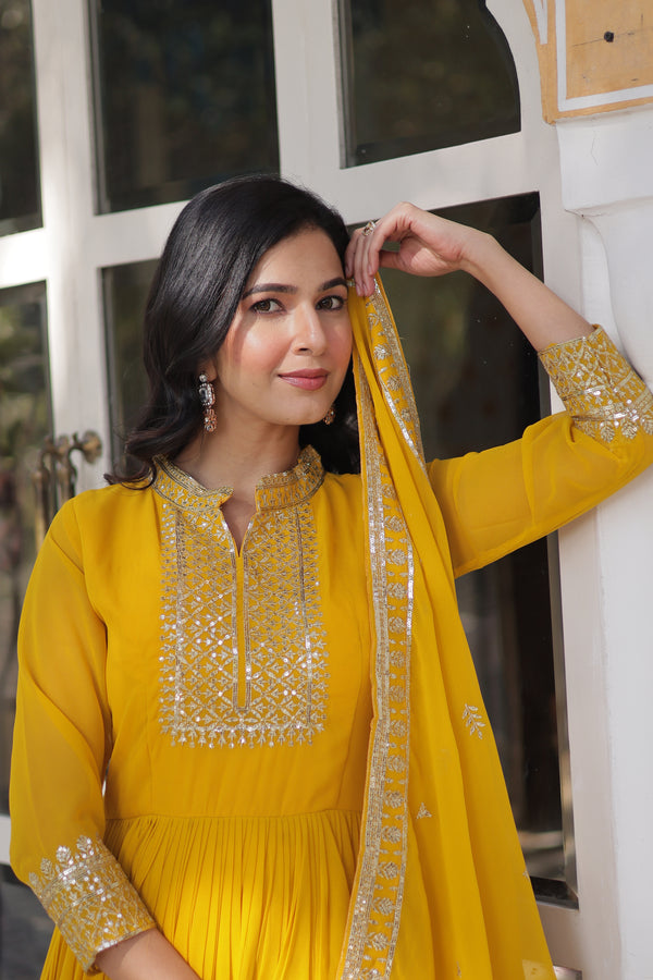 *Yellow-Get ready to shine with these stunning outfit Made from Faux blooming And Sequins Embroidered Work. Discover the perfect ensemble to add a touch of glamour to your wardrobe and stand out from the crowd.*